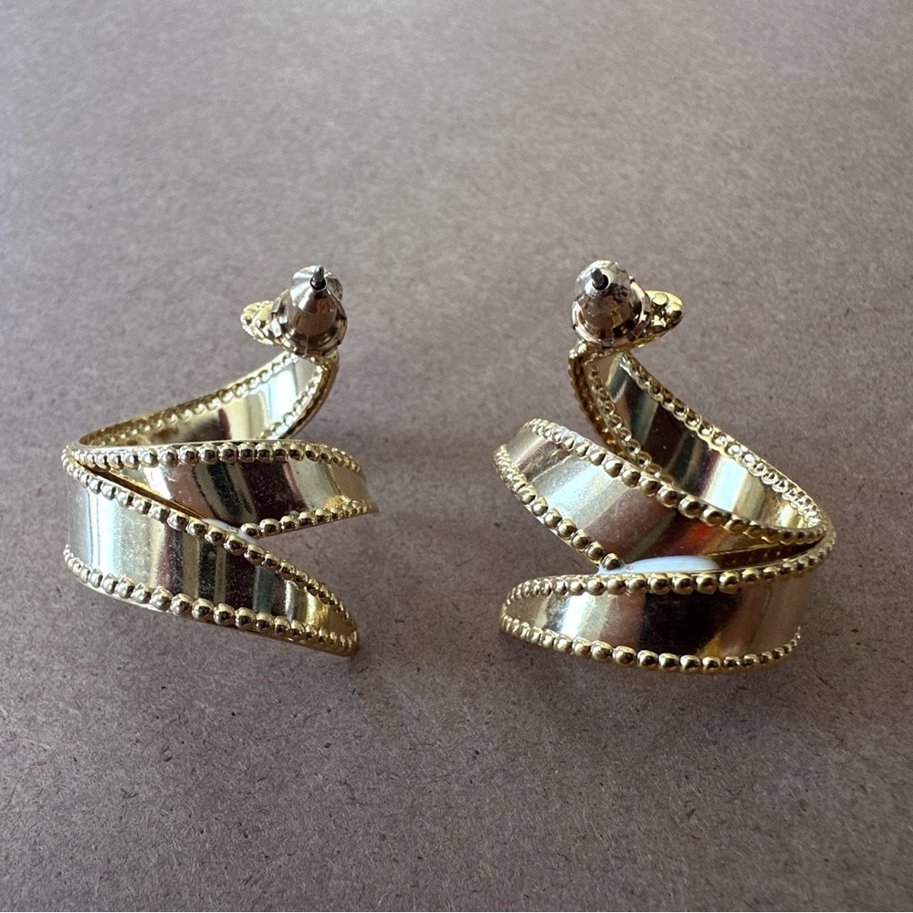 Vintage Gold Spiral Beaded Hoop Earrings With Enamel Details